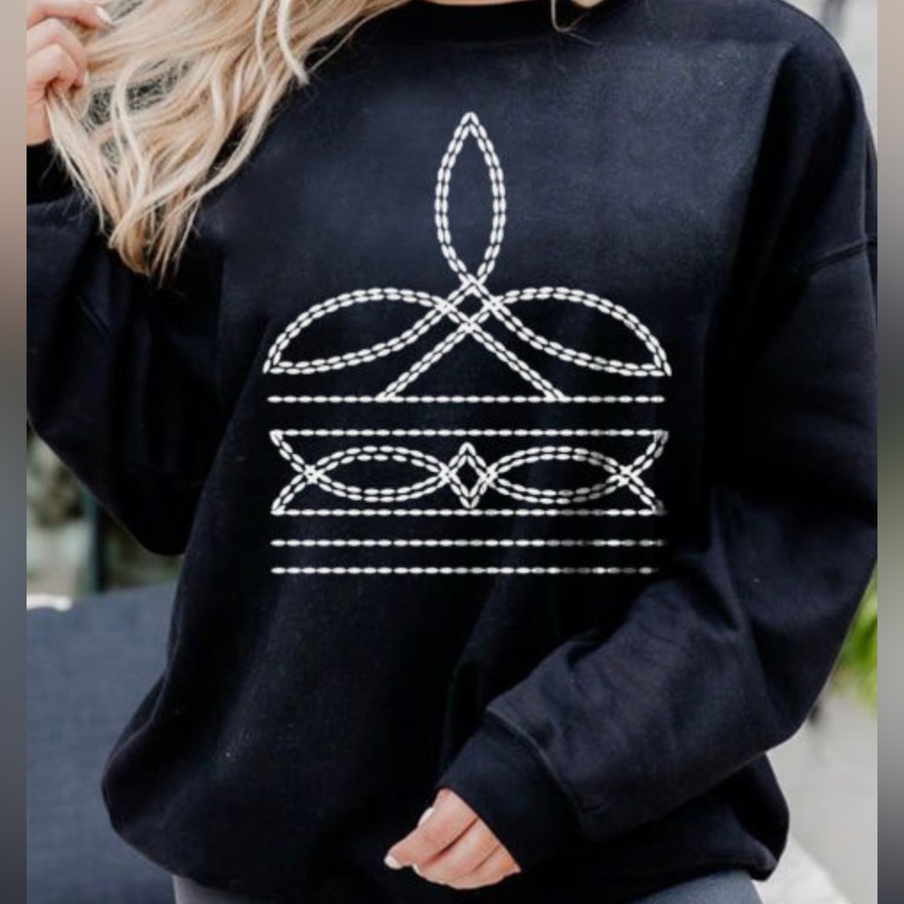 Woman’s Beautiful Boot Stitch Sweatshirt. Black. Sizes Small- Extra Large